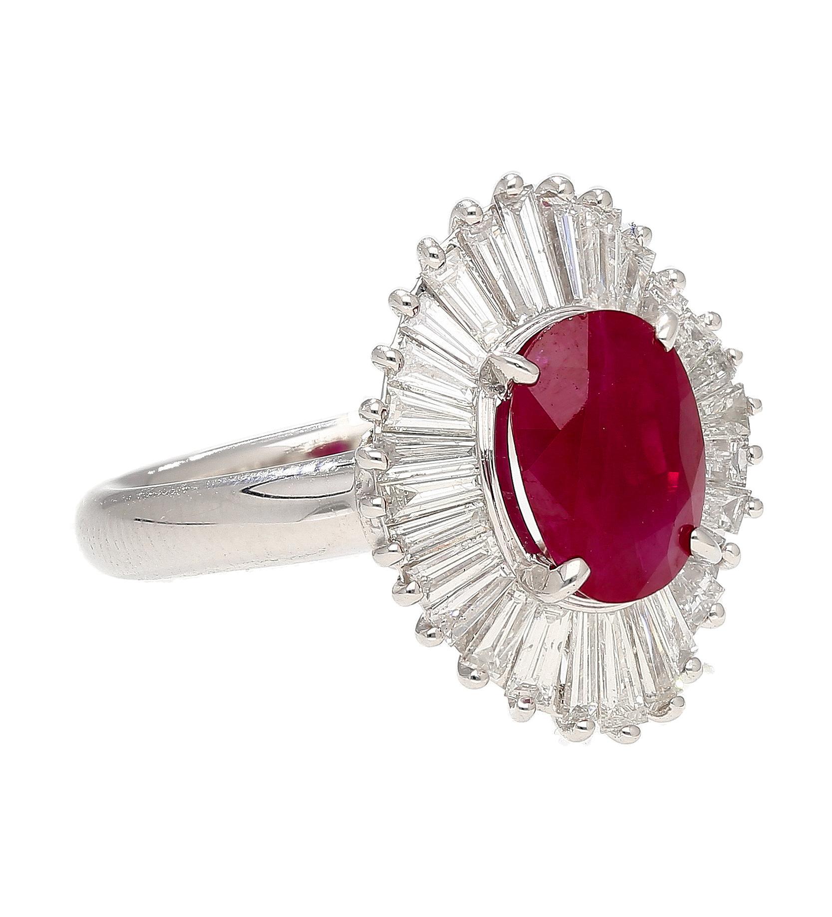 2.19 Carat Oval Cut Ruby and Baguette Diamond Halo Platinum Ballerina Ring For Sale 3
