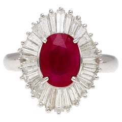 2.19 Carat Oval Cut Ruby and Baguette Diamond Halo Platinum Ballerina Ring