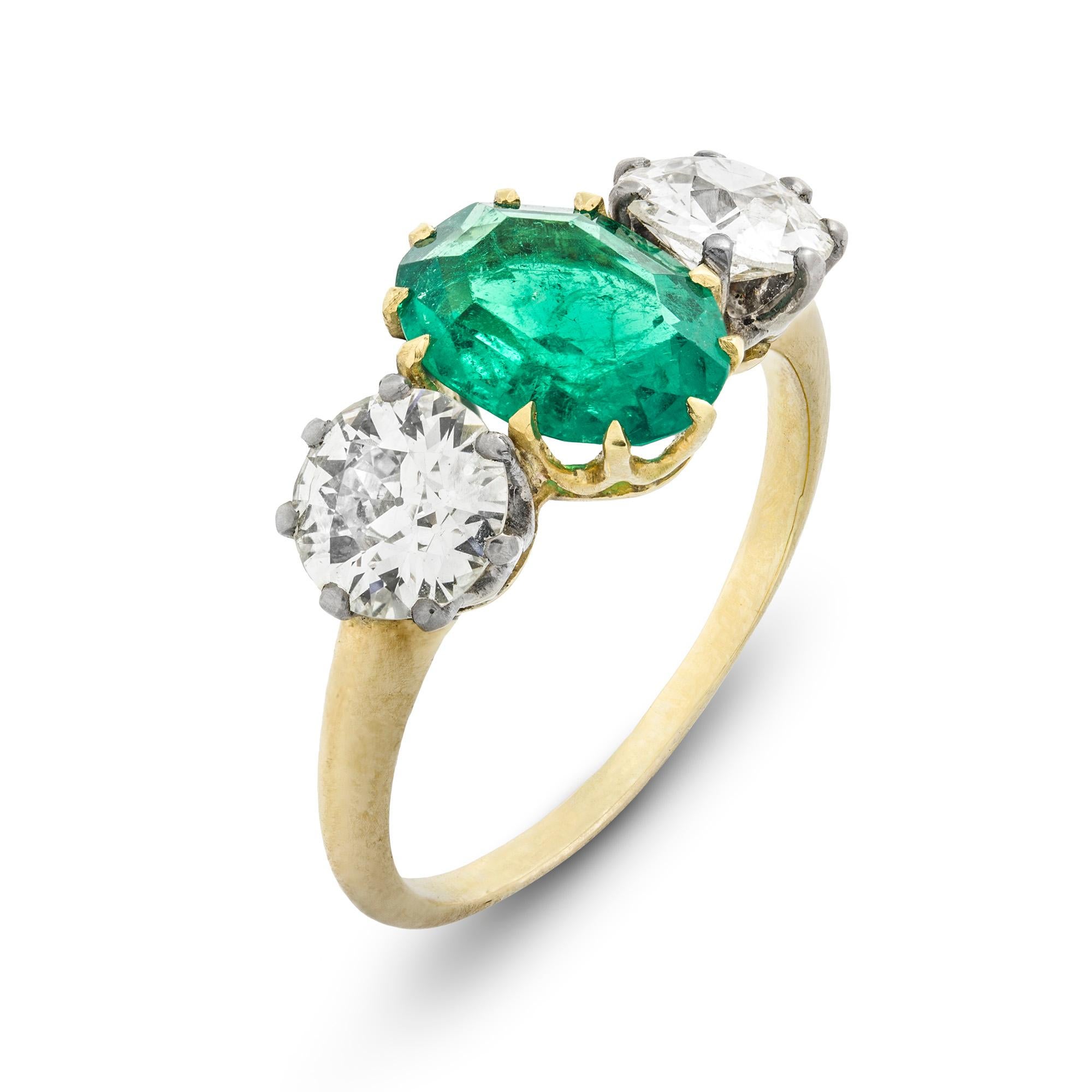 2.19 Carat Oval Emerald Diamond Gold Three-Stone Ring In Excellent Condition In London, GB
