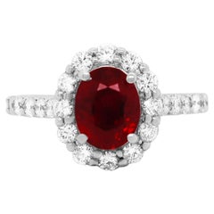 2.19 Carat Oval Ruby Round White Diamond Halo Ring 14k White Gold