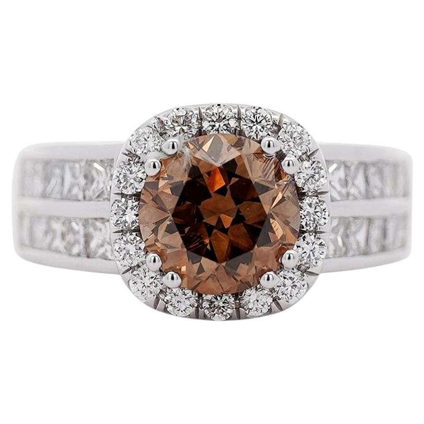 2.19 Carat Round Fancy Orange Brown Diamond Halo 18K White Gold Cathedral Ring
