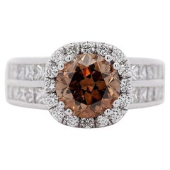 2.19 Carat Round Fancy Orange Brown Diamond Halo 18K White Gold Cathedral Ring
