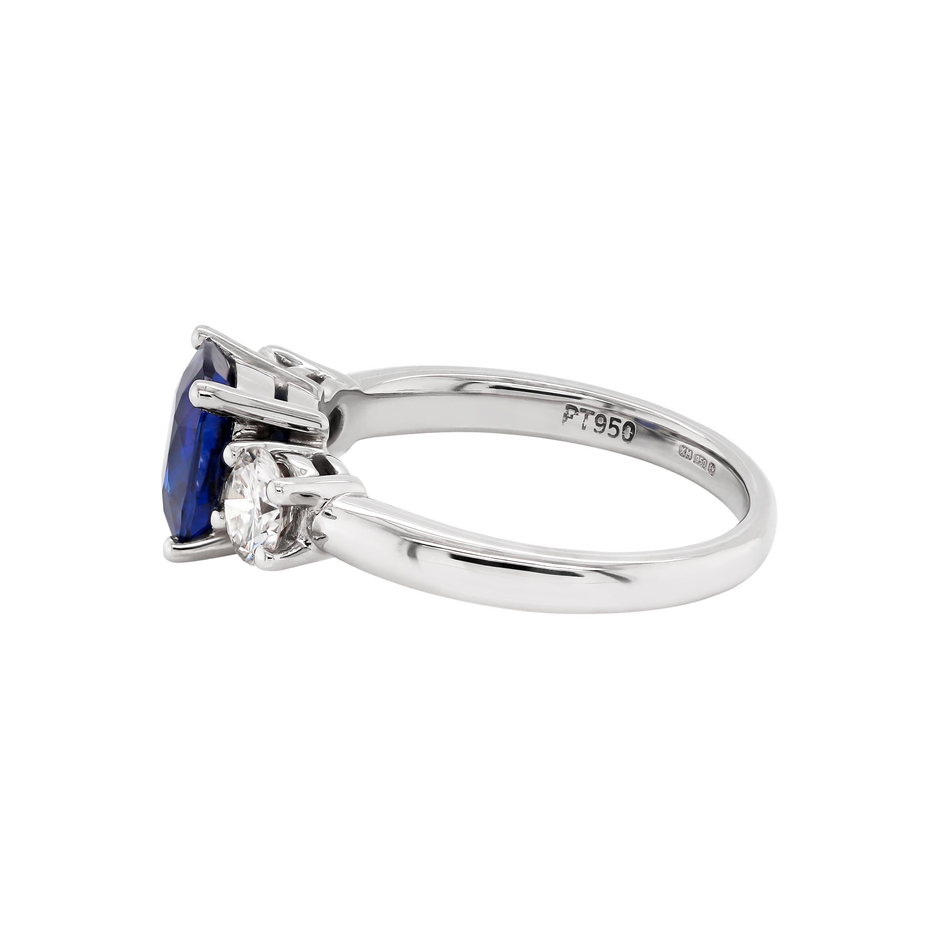 Modern 2.19 Carat Sapphire and Diamond Three-Stone Platinum Engagement Ring For Sale