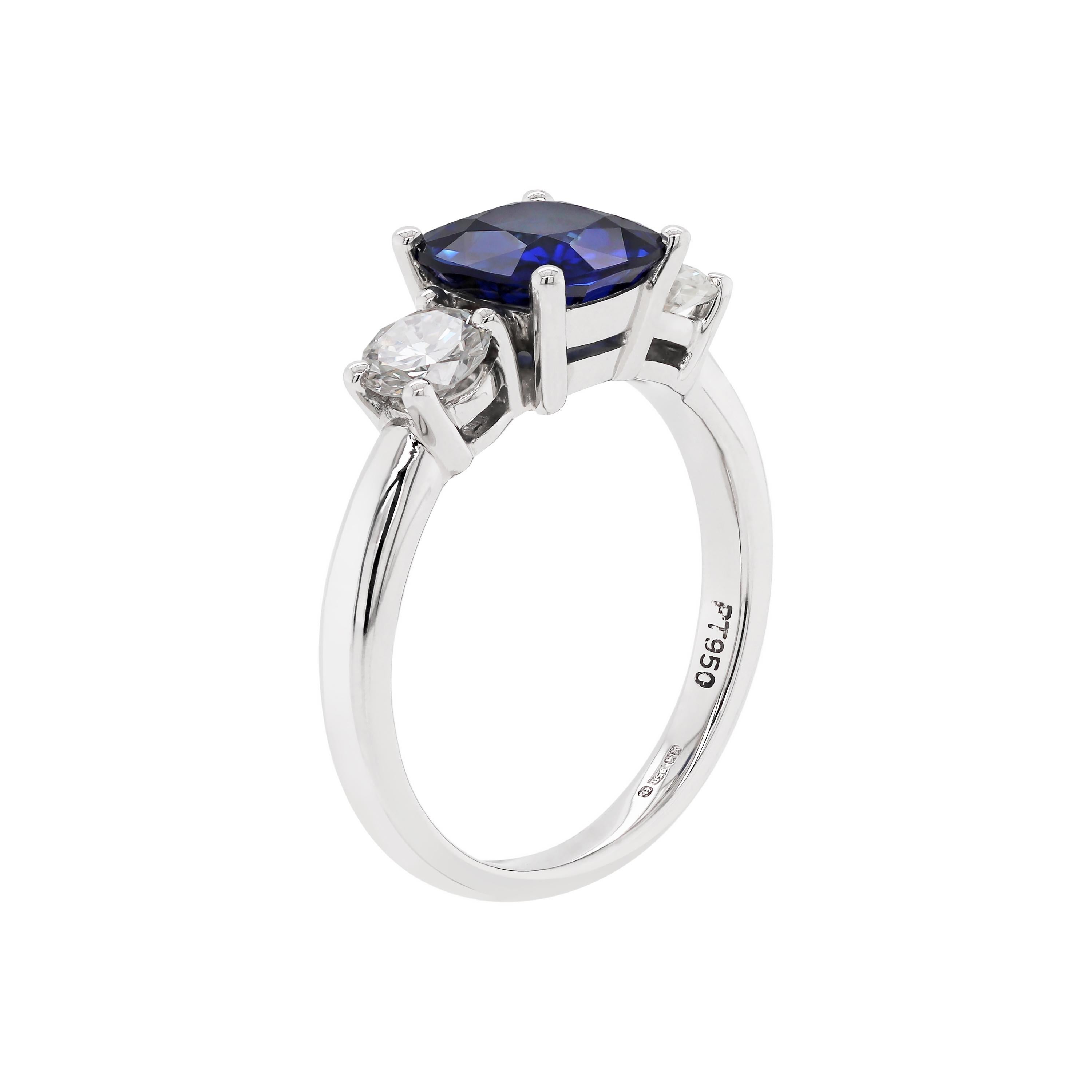 Cushion Cut 2.19 Carat Sapphire and Diamond Three-Stone Platinum Engagement Ring For Sale