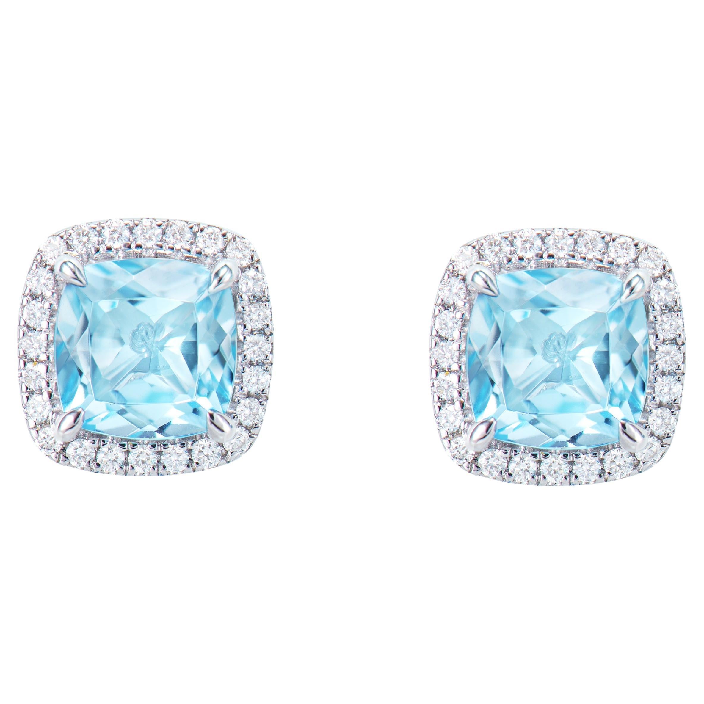 2.19 Carat Sky Blue Topaz Stud Earrings in 18KWG with White Diamond.