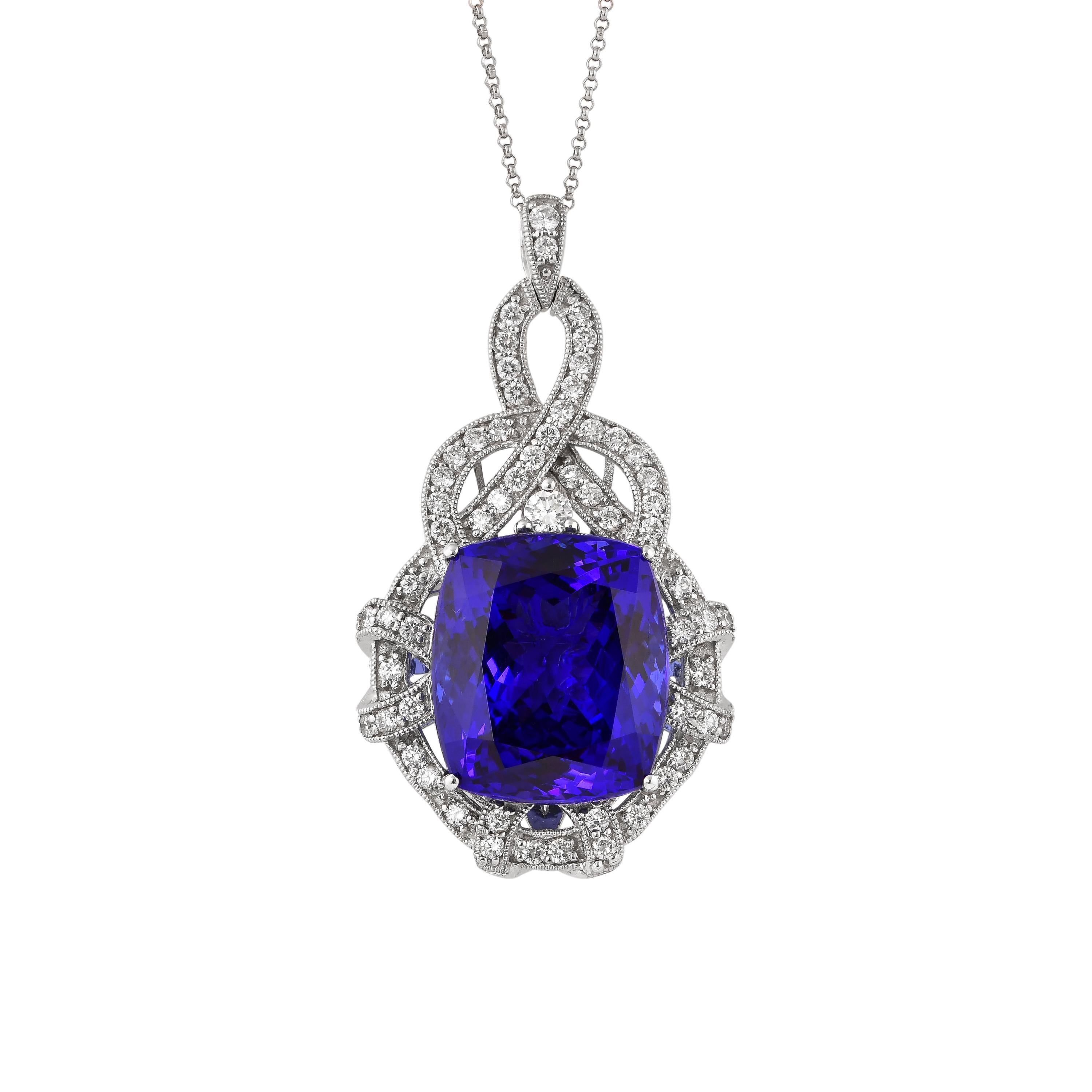 Cushion Cut Sunita Nahata Tanzanite 21.90ct. Pendant in 18KWG with White Diamond. For Sale