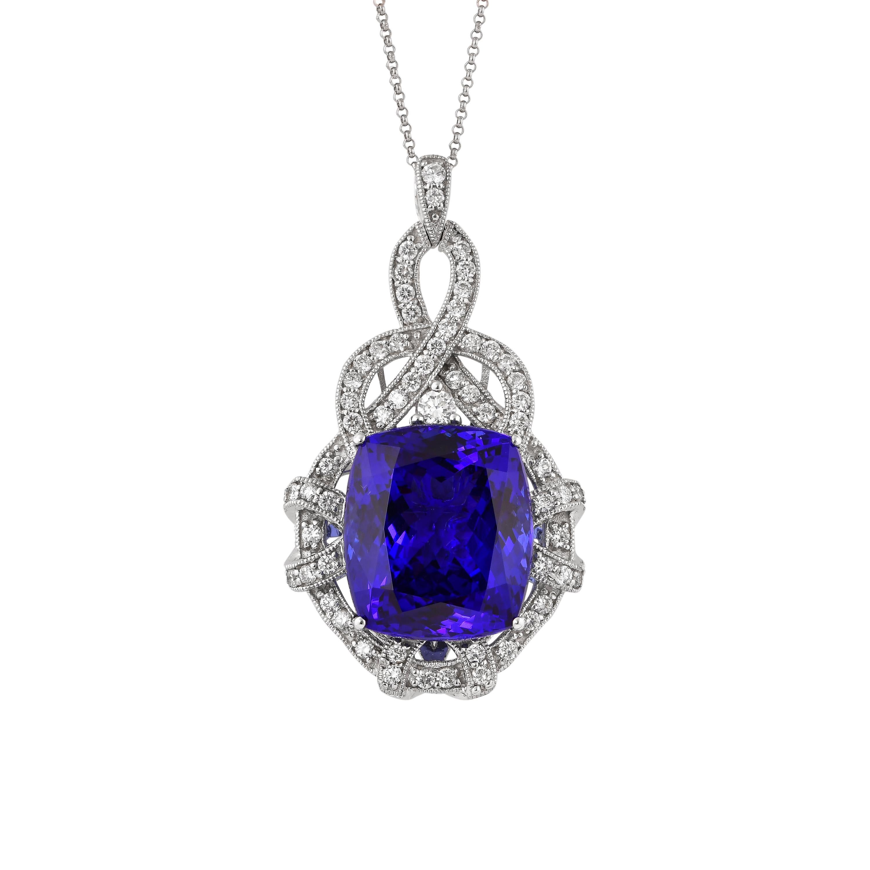 Cushion Cut 21.9 Carat Tanzanite and White Diamond Pendant in 18 Karat White Gold For Sale