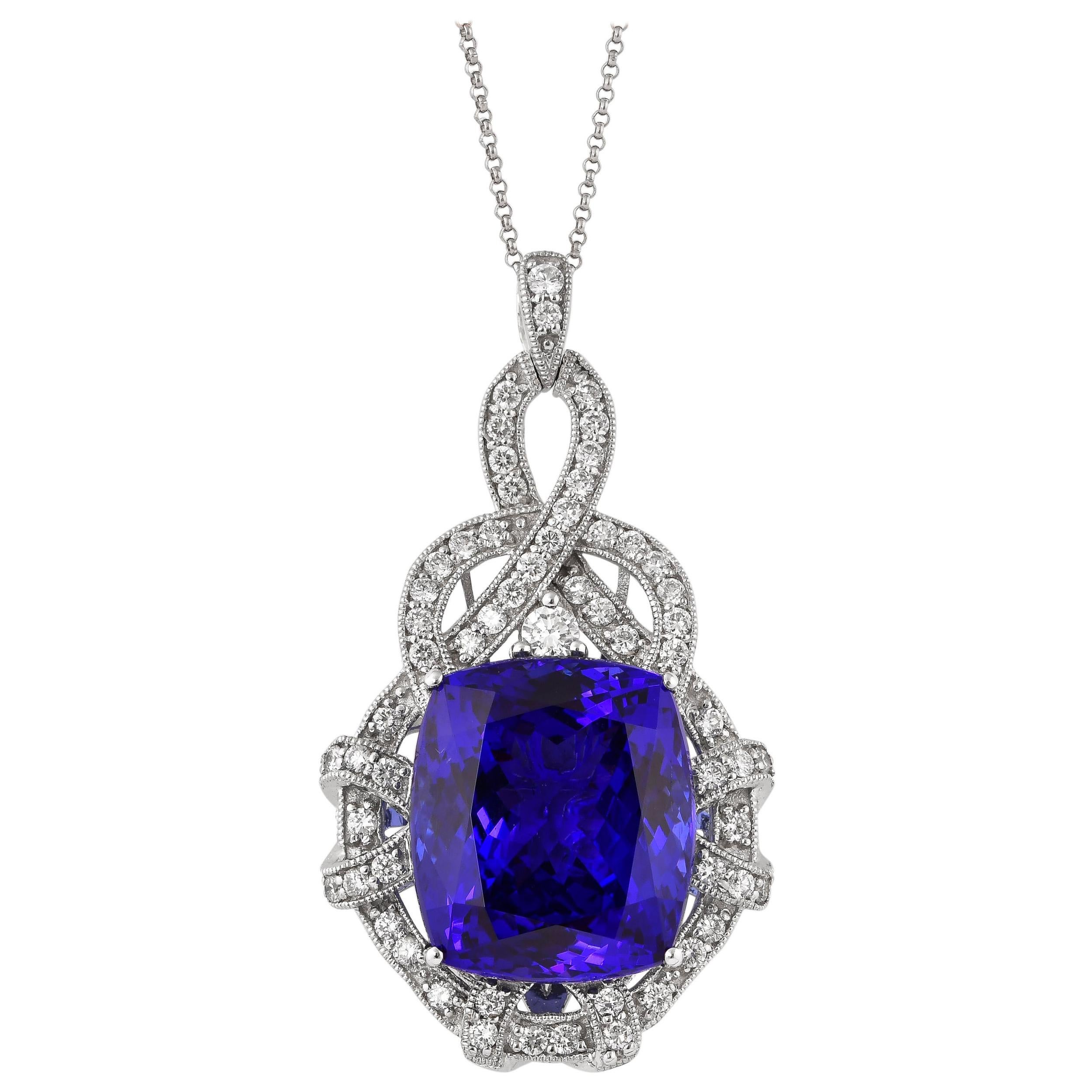 21.9 Carat Tanzanite and White Diamond Pendant in 18 Karat White Gold For Sale