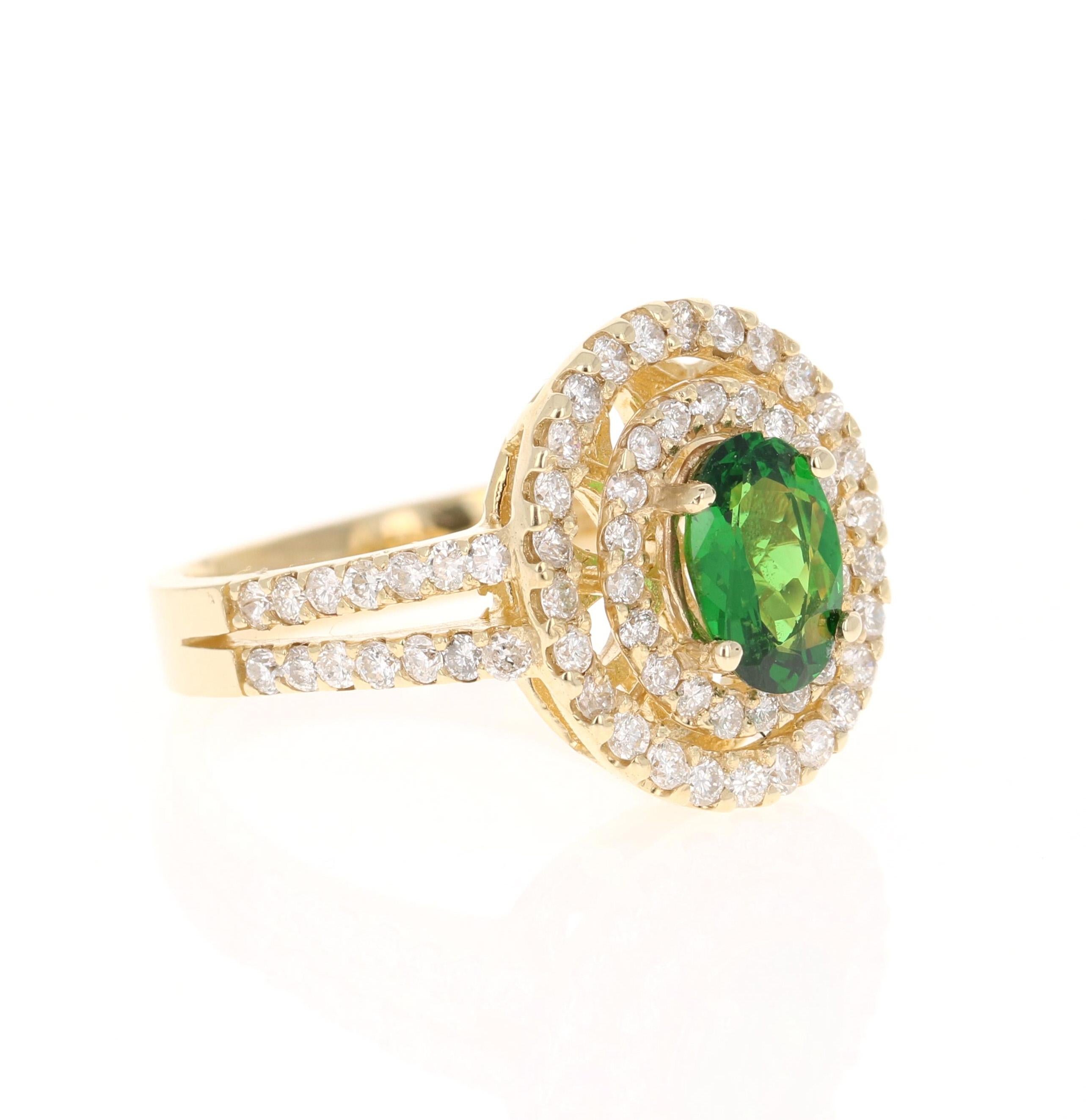 This beautiful ring has a Oval Cut Tsavorite that is 1.12 Carats and 74 Round Cut Diamonds that weigh 1.07 Carats. (Clarity: SI, Color: F) The total carat weight of the ring is 2.19 Carats. 

Tsavorite is a natural stone that belongs to the Garnet