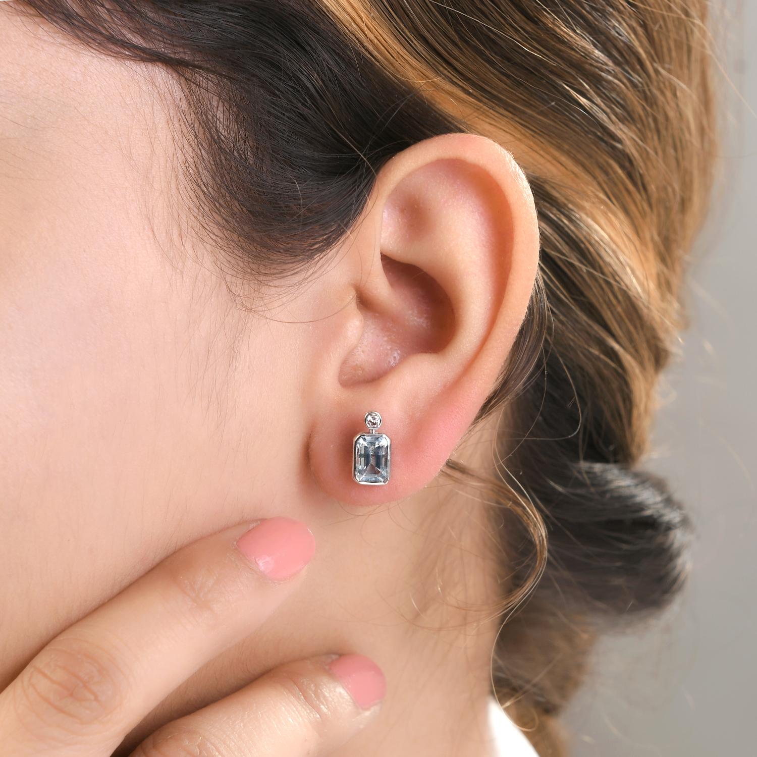 Octagon Cut 2.19 Carats Aquamarine Diamond Stud Earrings Wedding Gift in 14k White Gold For Sale