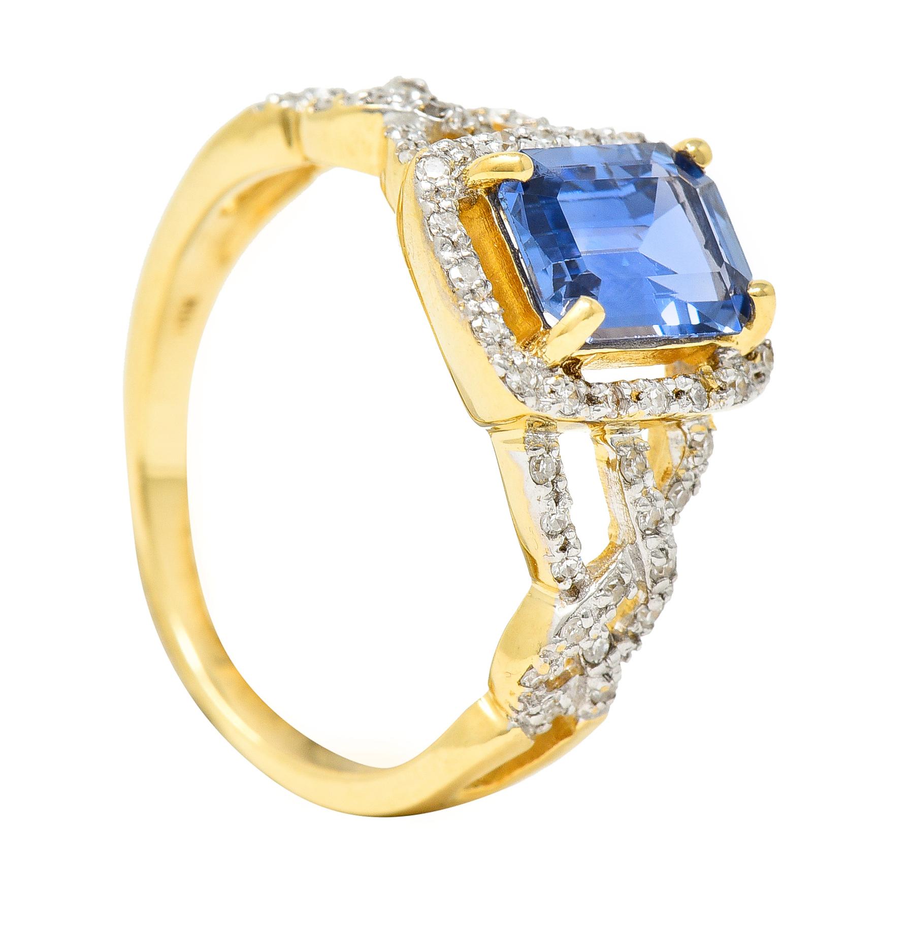 2.19 Carats Emerald Cut Sapphire Diamond 18 Karat Two-Tone Gold Braided Ring 7