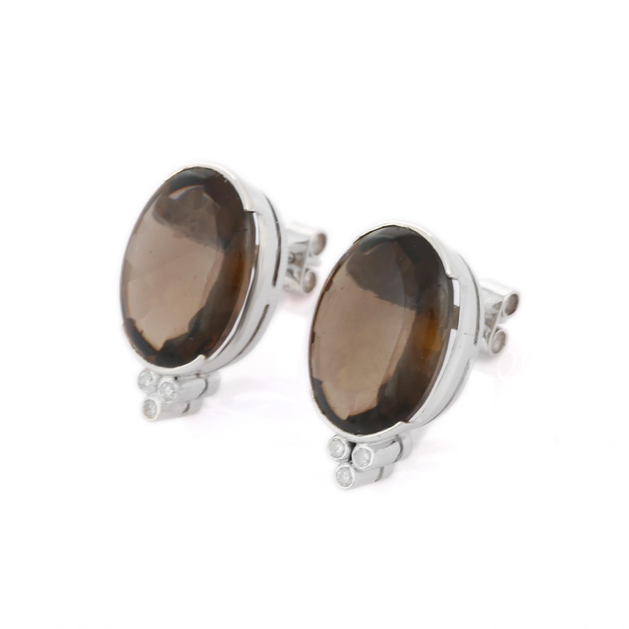 Modern 21.9 ct Oval Cut Smoky Quartz Pushback Stud Earrings in 14K Solid White Gold  For Sale
