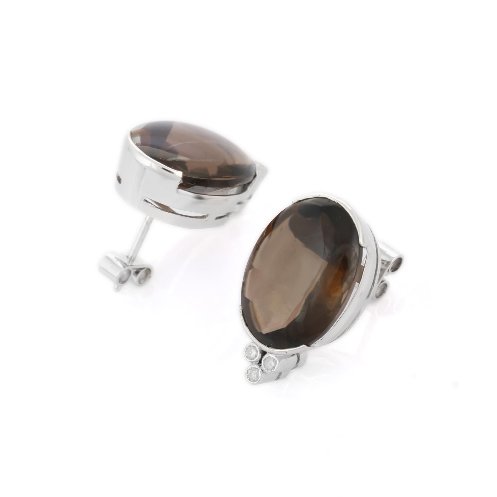 21.9 ct Oval Cut Smoky Quartz Pushback Stud Earrings in 14K Solid White Gold  In New Condition For Sale In Houston, TX