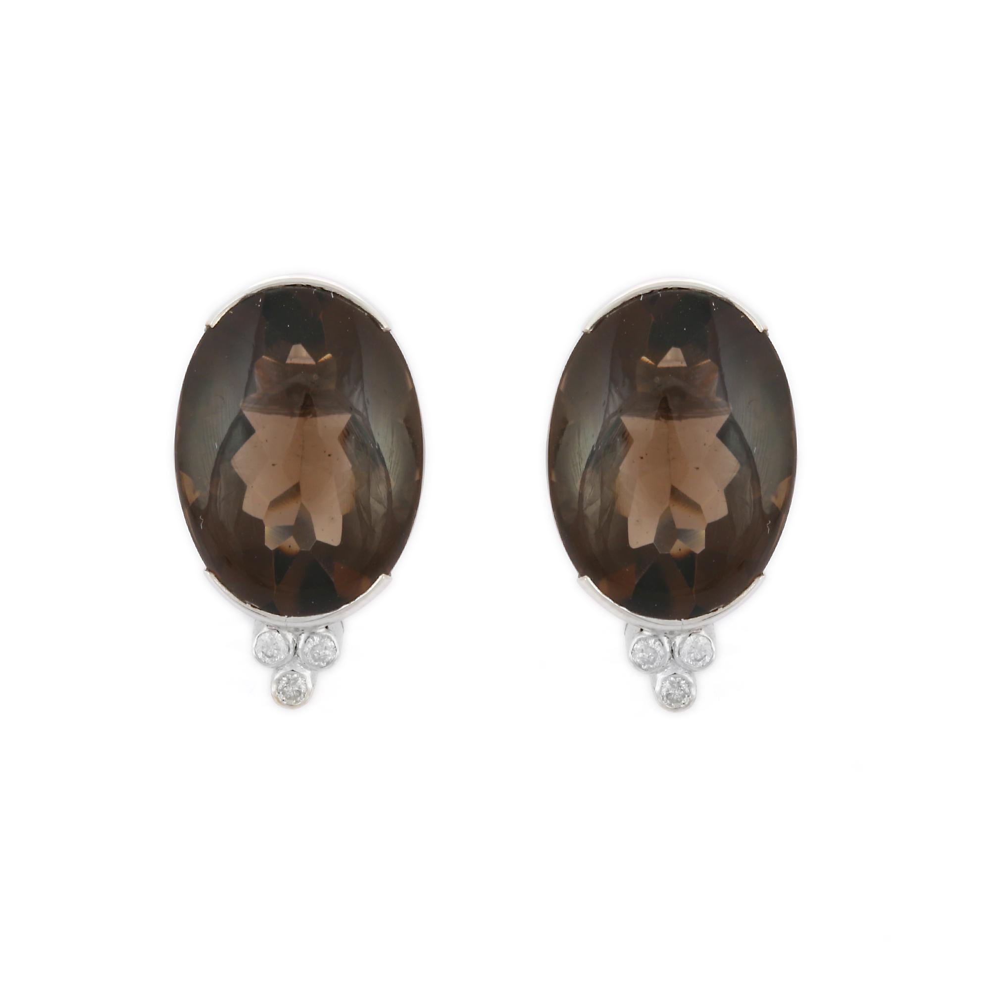 Women's 21.9 ct Oval Cut Smoky Quartz Pushback Stud Earrings in 14K Solid White Gold  For Sale