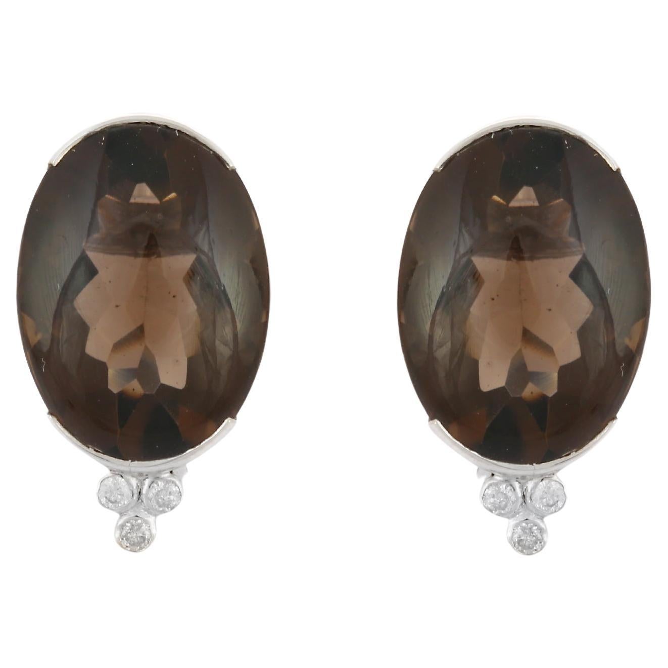 21.9 ct Oval Cut Smoky Quartz Pushback Stud Earrings in 14K Solid White Gold  For Sale