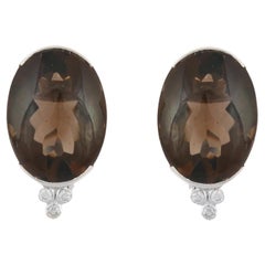 21.9 ct Oval Cut Smoky Quartz Pushback Stud Earrings in 14K Solid White Gold 