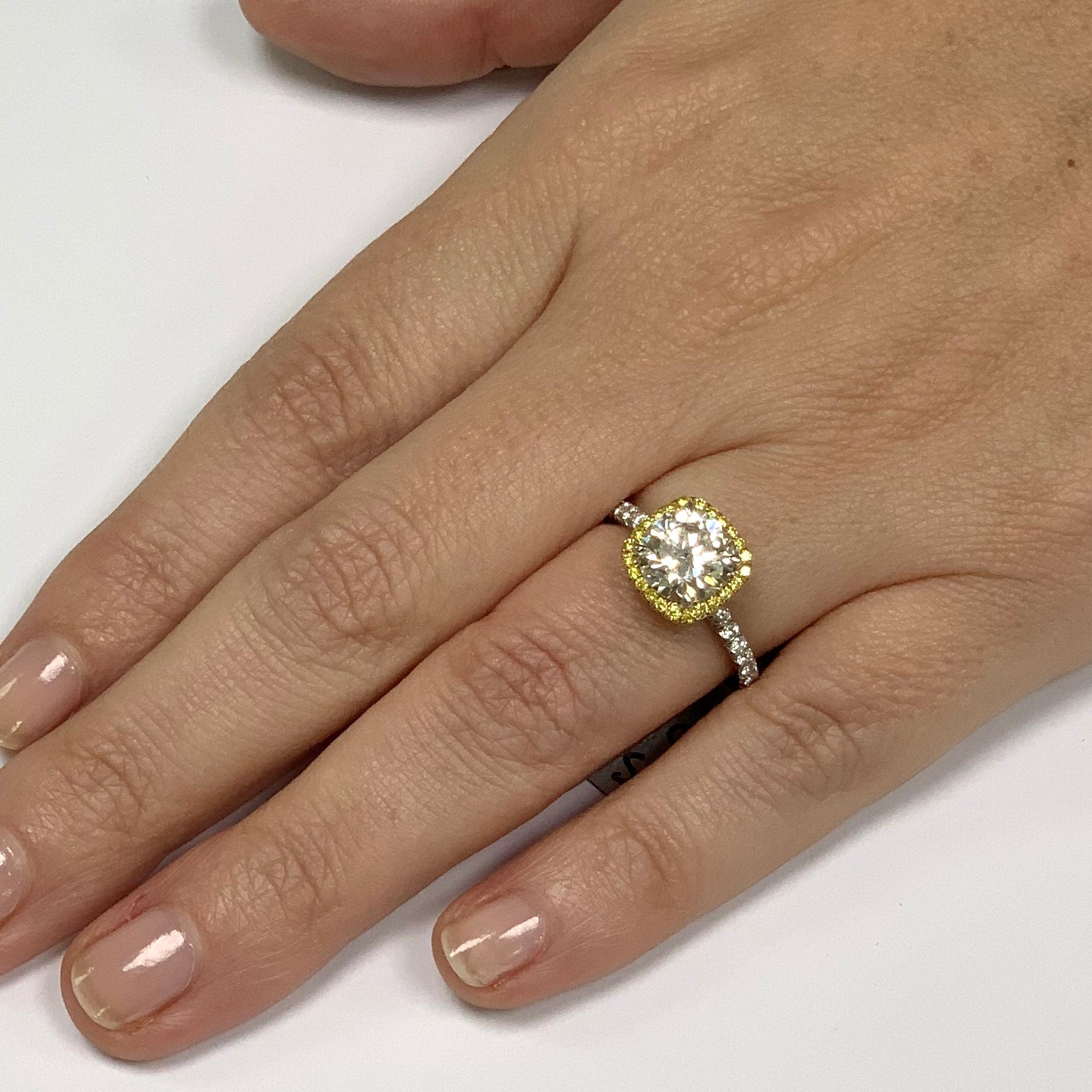 Modern 2.19 Carat GIA round with Diamond Halo Fancy Intense Yellow Engagement Ring  For Sale