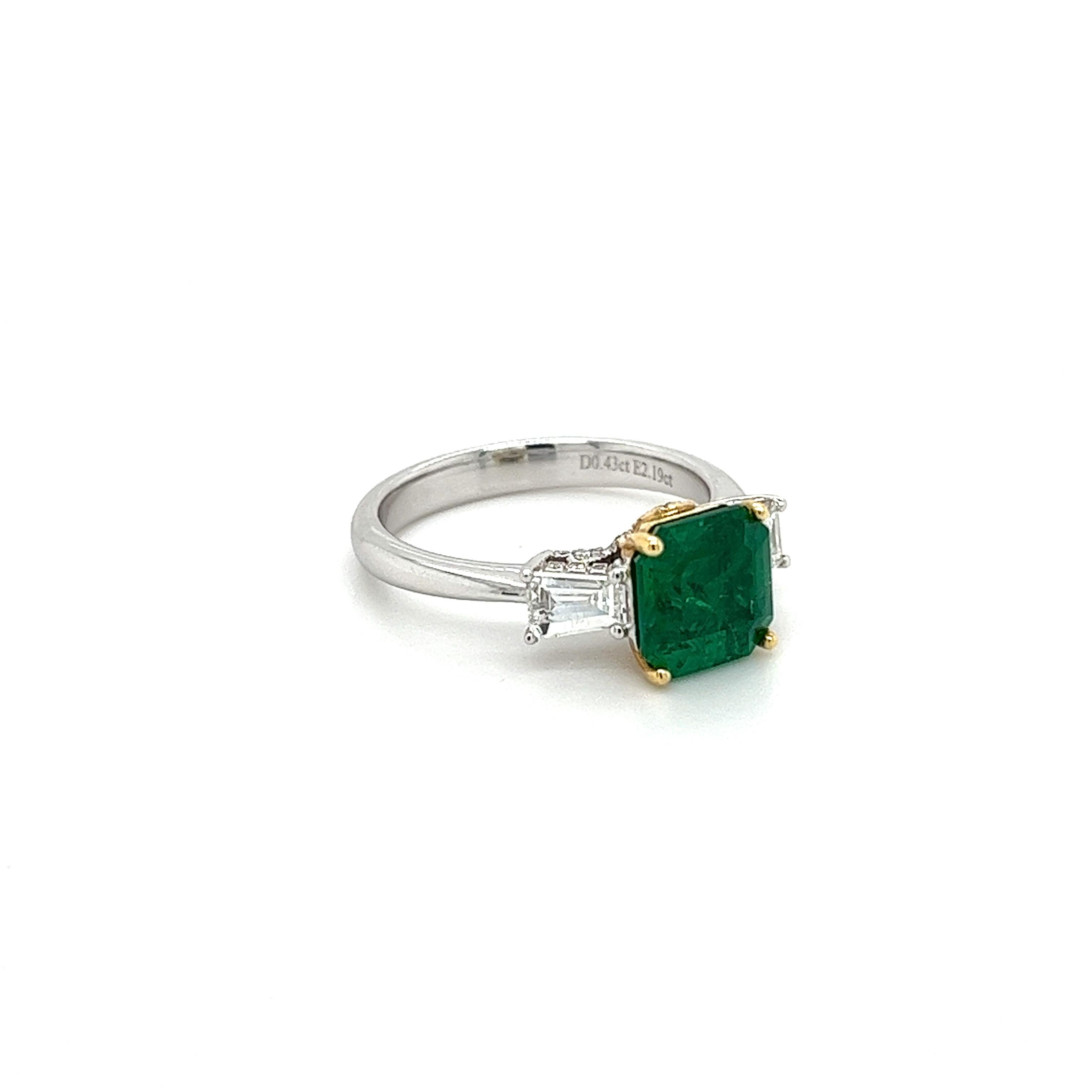 Emerald Cut 2.19 CT Natural Emerald 3-Stone Ring with Diamond Side Stone in 18K White Gold For Sale