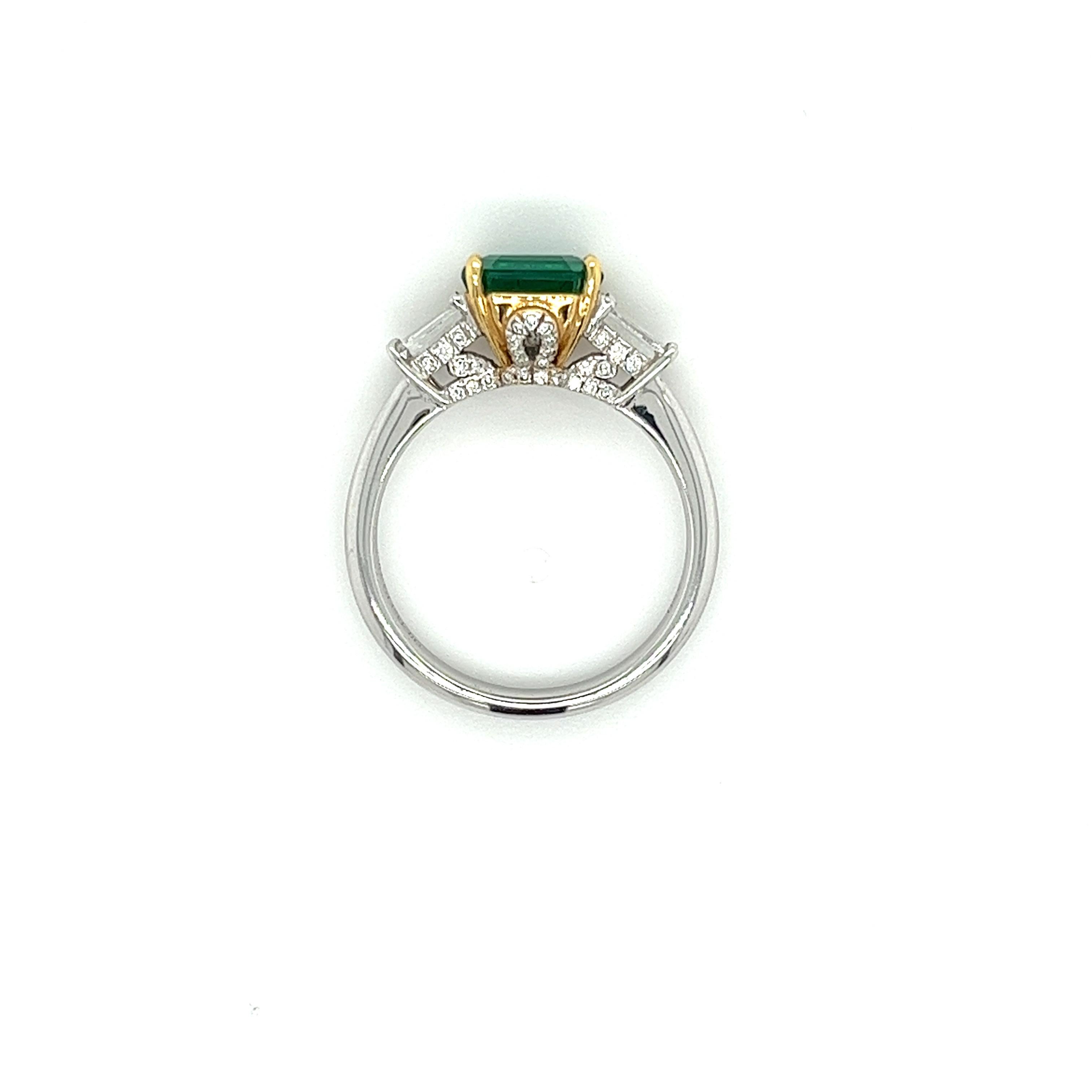 Women's 2.19 CT Natural Emerald 3-Stone Ring with Diamond Side Stone in 18K White Gold For Sale