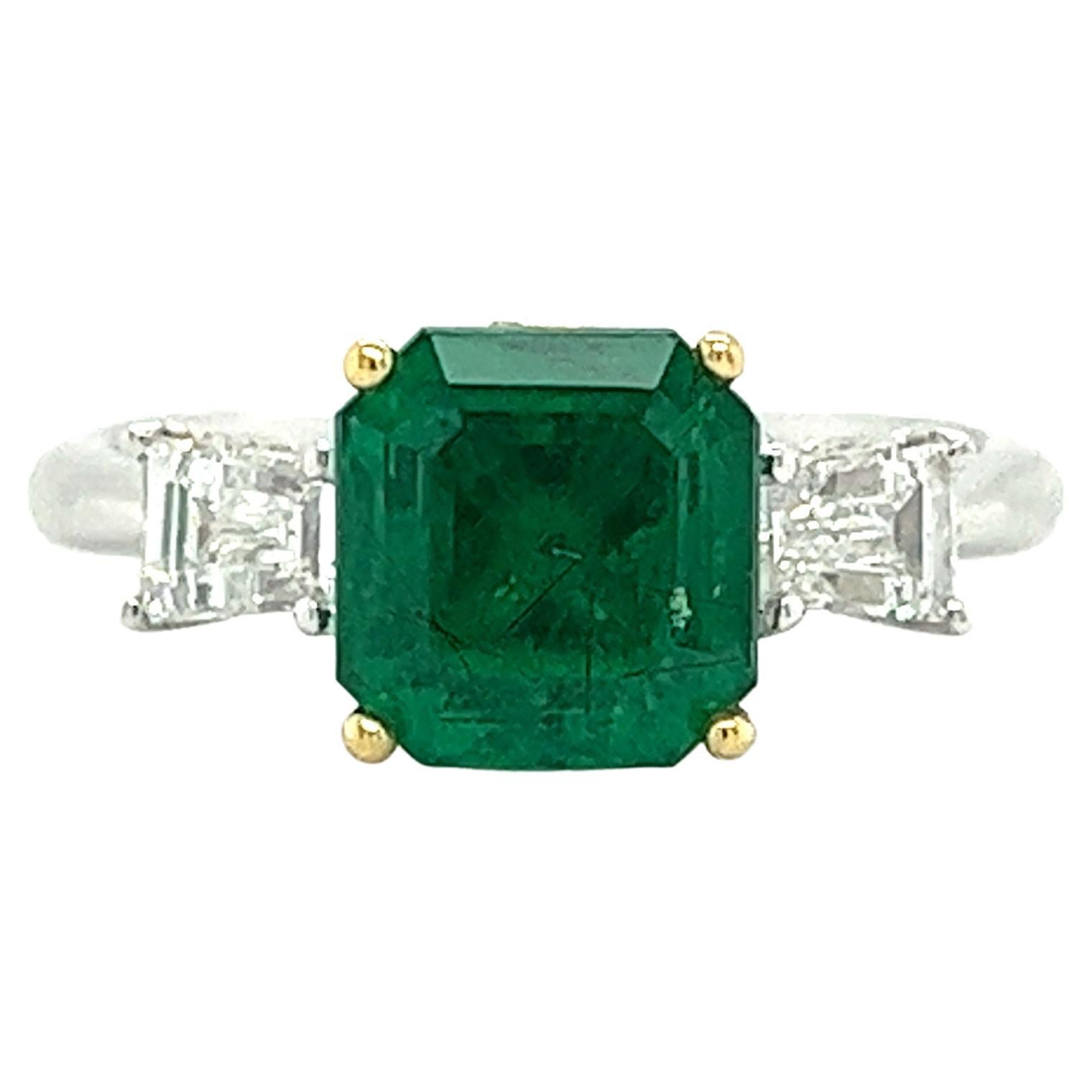 2.19 CT Natural Emerald 3-Stone Ring with Diamond Side Stone in 18K White Gold For Sale