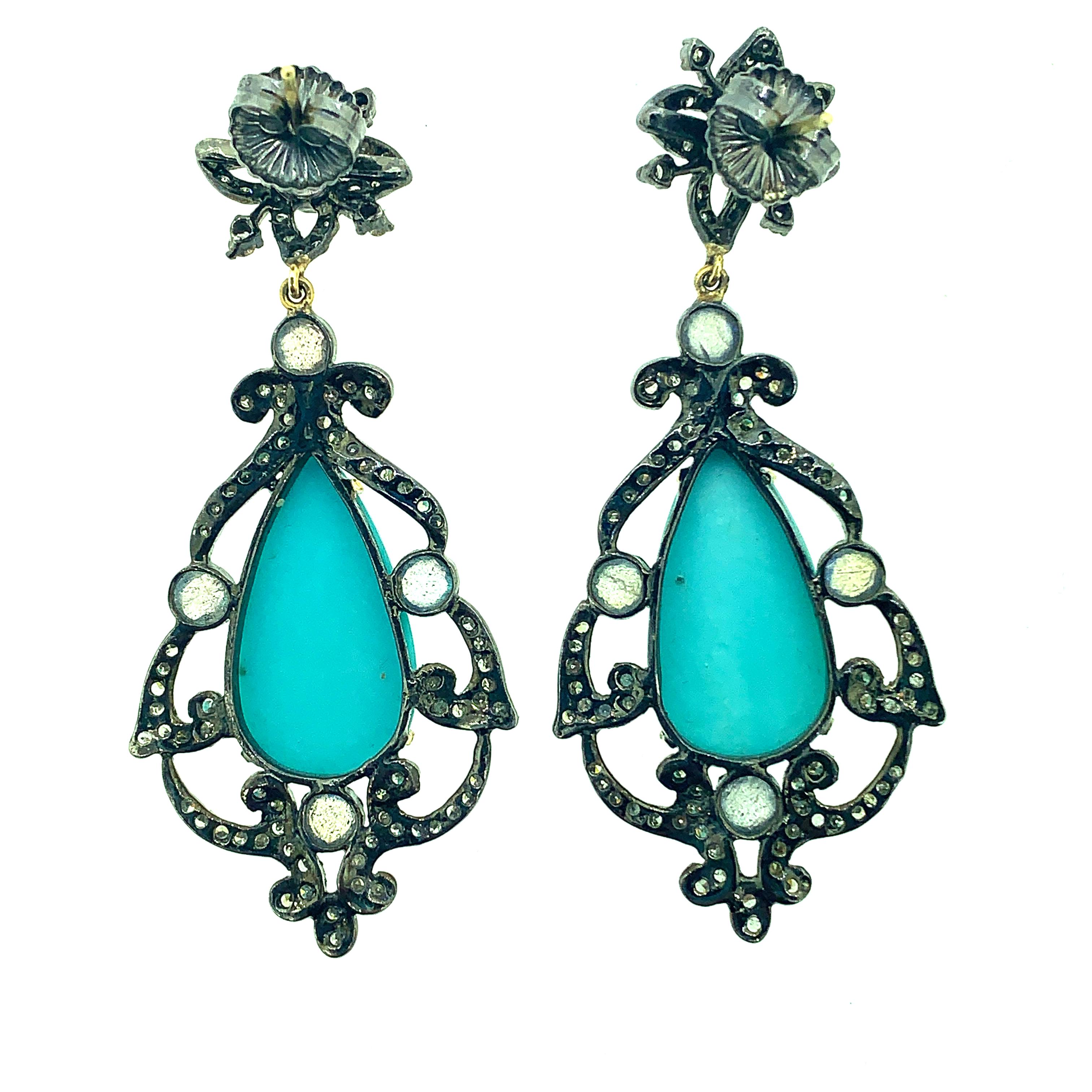 Contemporary 21.90ct Turquoise, Labradorite, Diamond Earring Oxidized Sterling Silver, 14K For Sale