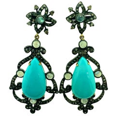 21.90ct Turquoise, Labradorite, Diamond Earring Oxidized Sterling Silver, 14K