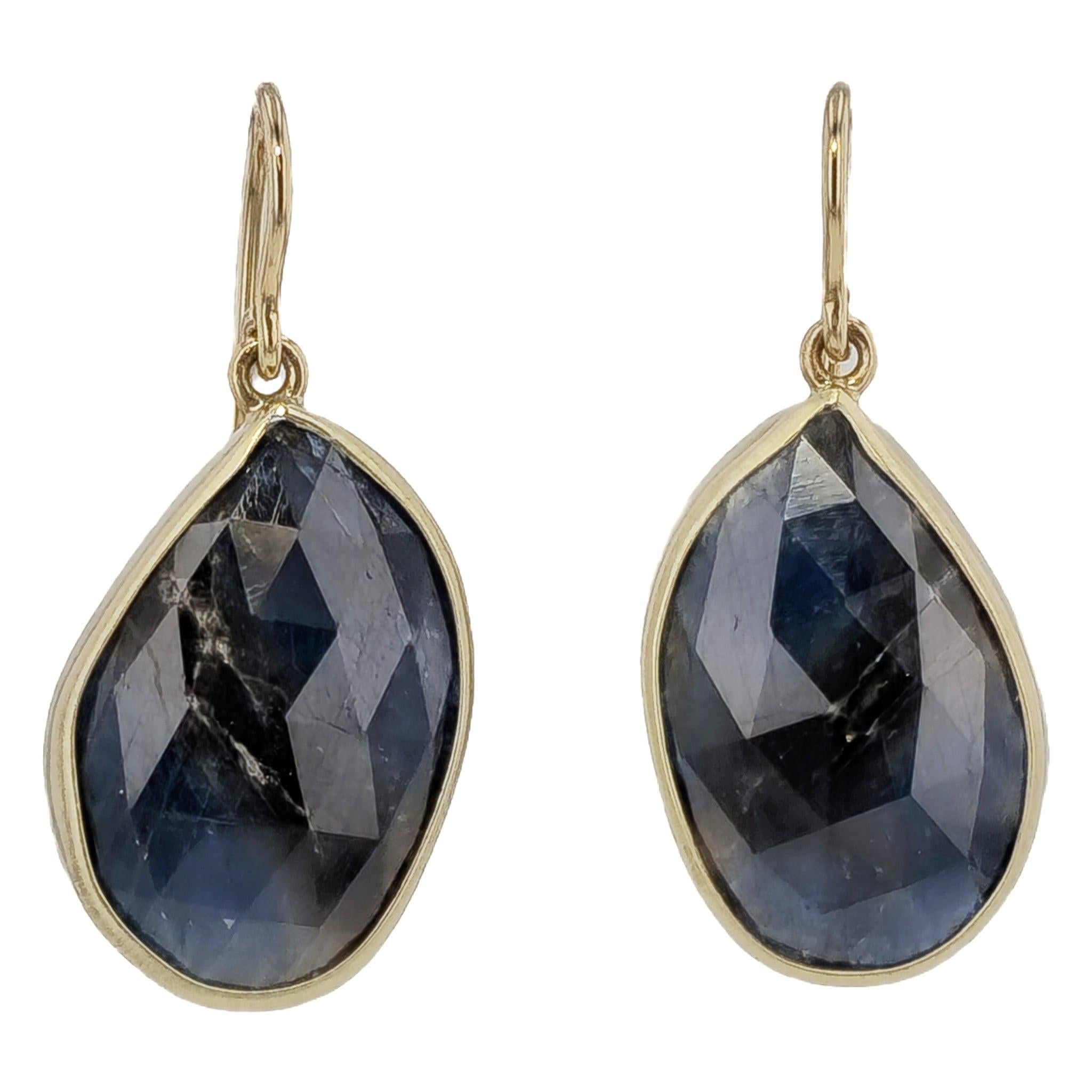 21.92 Carat Dark Blue Sapphire Slice Yellow Gold Drop Earrings In New Condition For Sale In Miami, FL