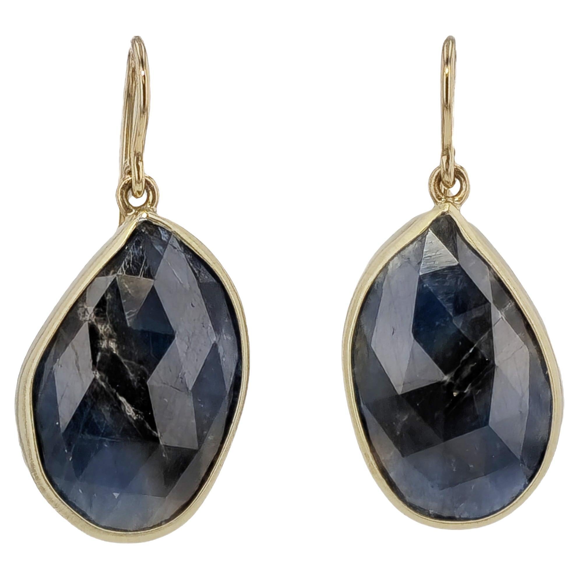 21.92 Carat Dark Blue Sapphire Slice Yellow Gold Drop Earrings For Sale