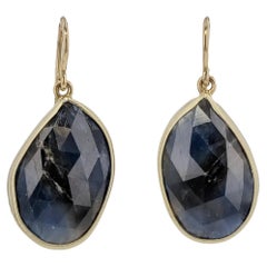 21.92 Carat Dark Blue Sapphire Slice Yellow Gold Drop Earrings