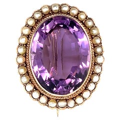 21.93 Carat Amethyst and Seed Pearl Rose Gold Victorian Brooch 1875