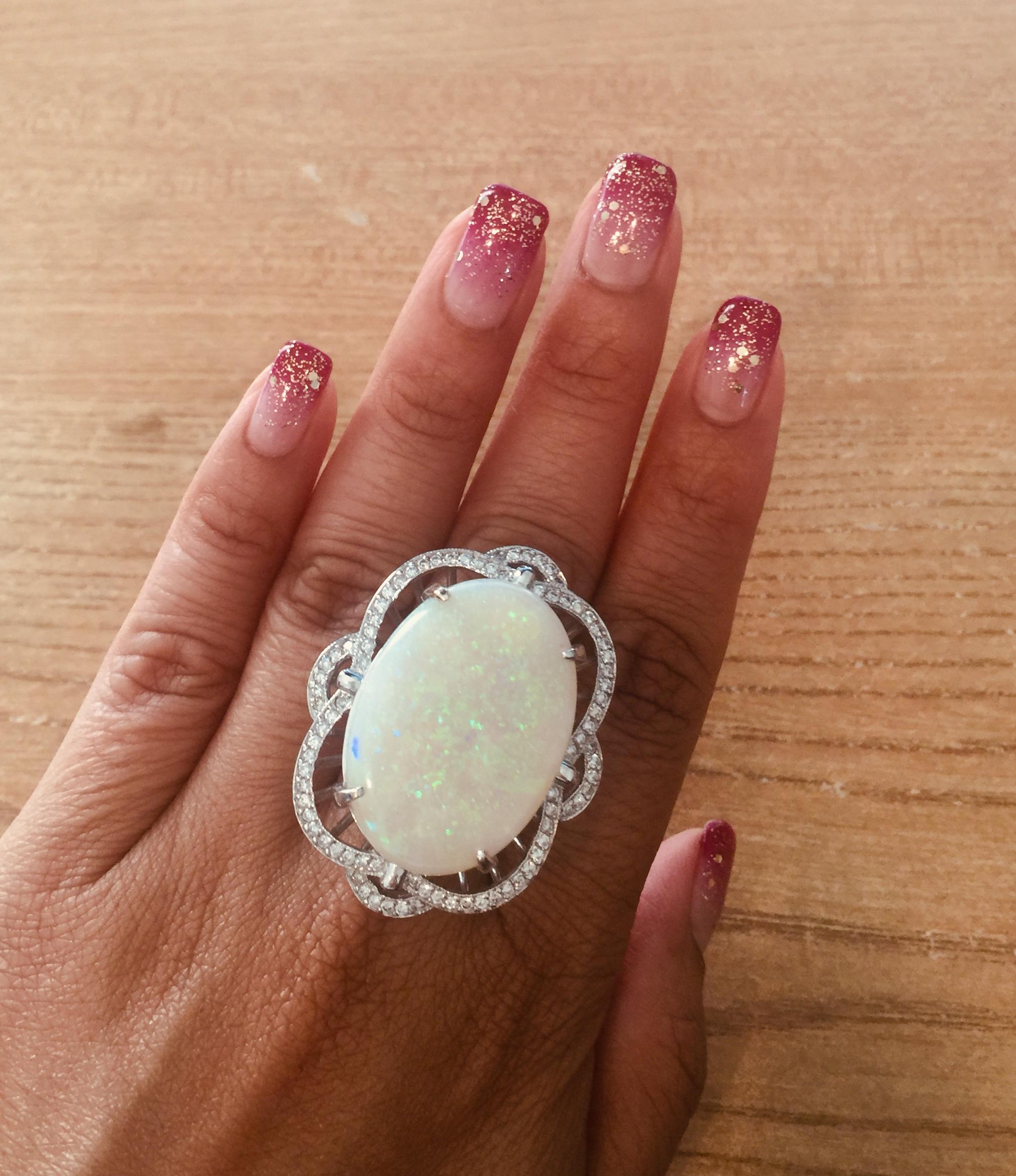 21.93 Carat Opal Diamond 14 Karat White Gold Ring In New Condition In Los Angeles, CA