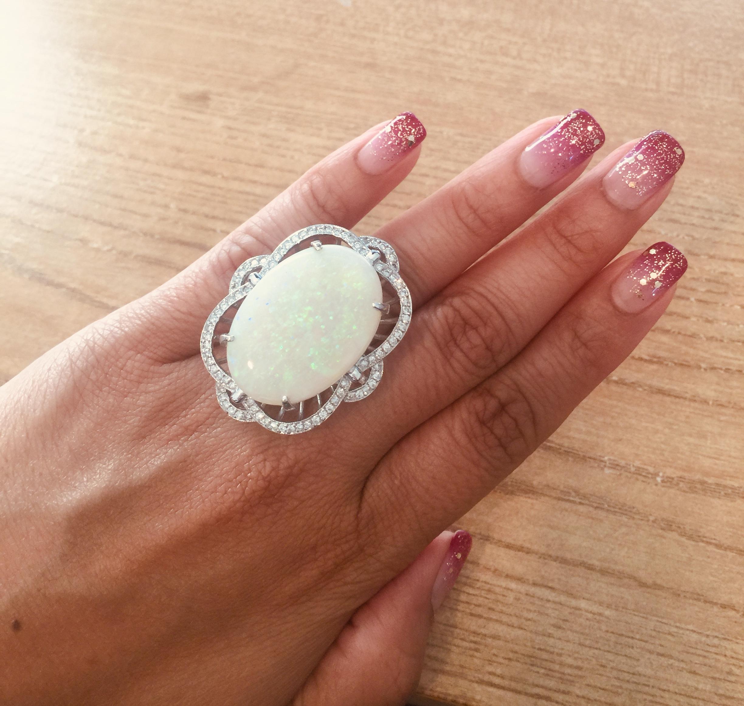 Women's 21.93 Carat Opal Diamond 14 Karat White Gold Ring