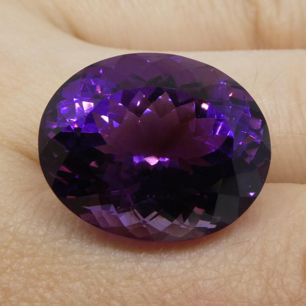 Description:

Gem Type: Amethyst
Number of Stones: 1
Weight: 21.94 cts
Measurements: 19.50x16x12.40 mm
Shape: Oval
Cutting Style Crown: Modified Brilliant
Cutting Style Pavilion: Modified Brilliant
Transparency: Transparent
Clarity: Very Slightly