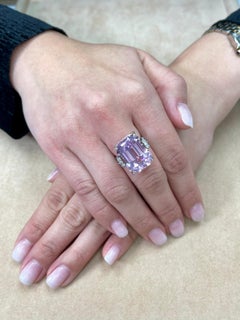 21.95 Ct Emerald Step Cut Pink Kunzite & Diamond Cocktail Ring, Statement Piece