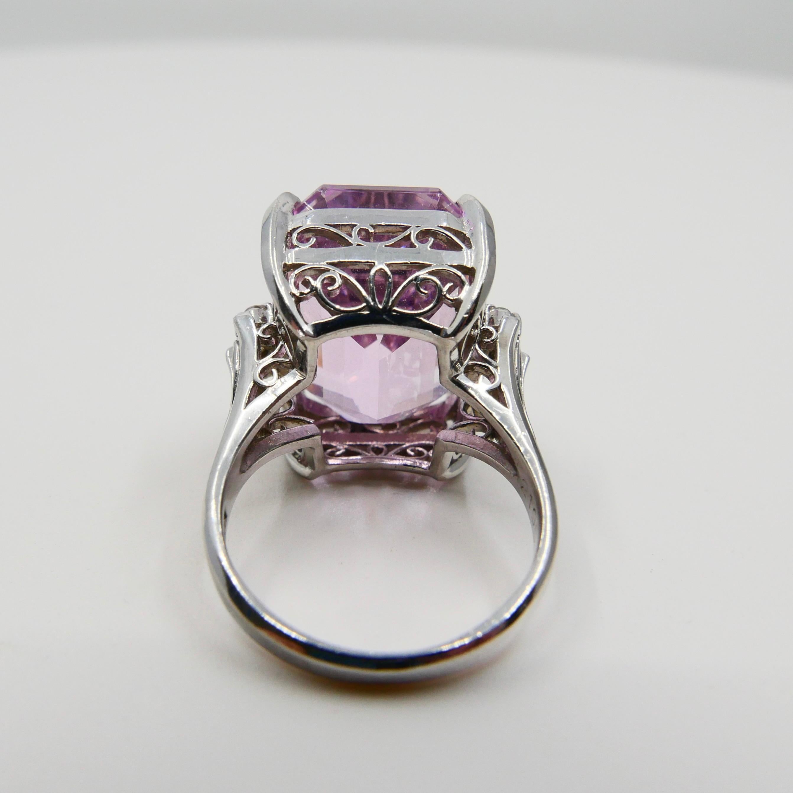 21.95 Ct Emerald Step Cut Pink Kunzite & Diamond Cocktail Ring, Statement Piece 2
