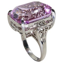 21.95 Ct Emerald Step Cut Pink Kunzite & Diamond Cocktail Ring, Statement Piece