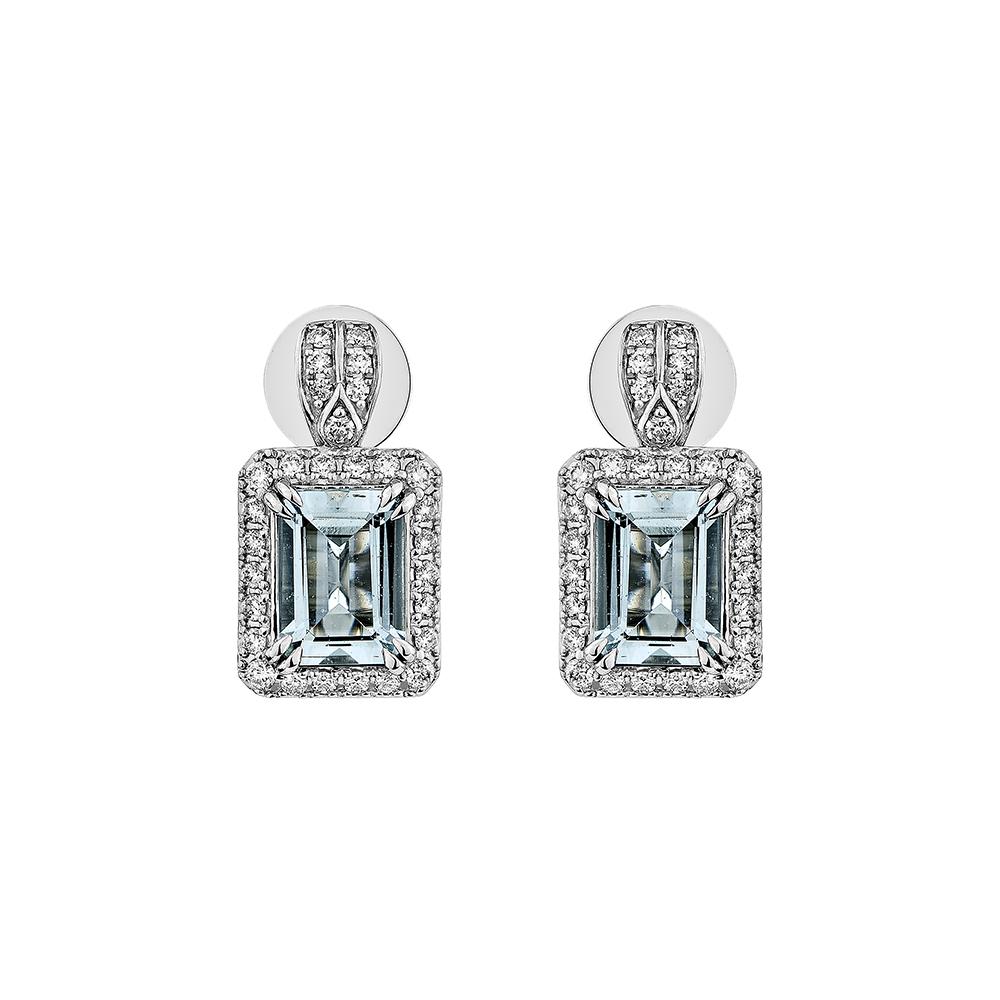 Contemporary 2.197 Carat Aquamarine Drop Earring in 18Karat White Gold with White Diamond. For Sale