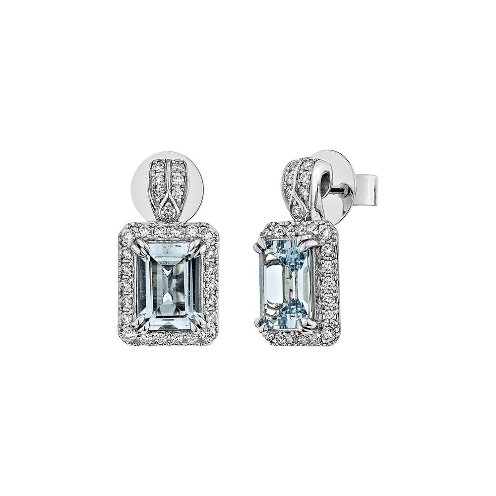 Octagon Cut 2.197 Carat Aquamarine Drop Earring in 18Karat White Gold with White Diamond. For Sale