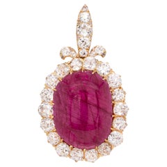 21.99ct Hollow Cabochon Ruby & Old Cut Diamond 18K Gold Large Oval Pendant