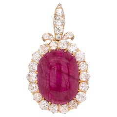 21.99 Karat Hohl Cabochon Rubin & Diamant im Altschliff 18K Gold Großer ovaler Anhänger