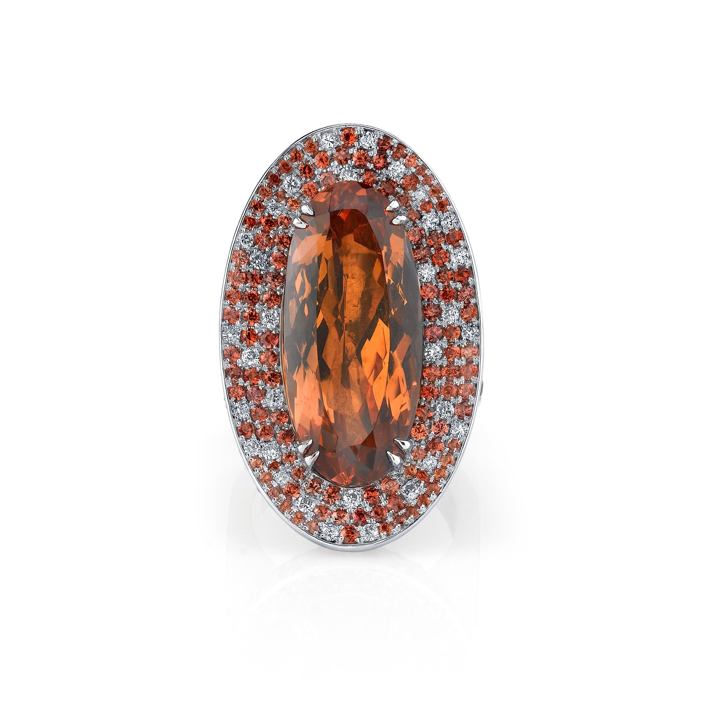 Oval Cut 21.99ct Precious Imperial Topaz Sapphire and Diamond Cocktail Ring 18KW For Sale