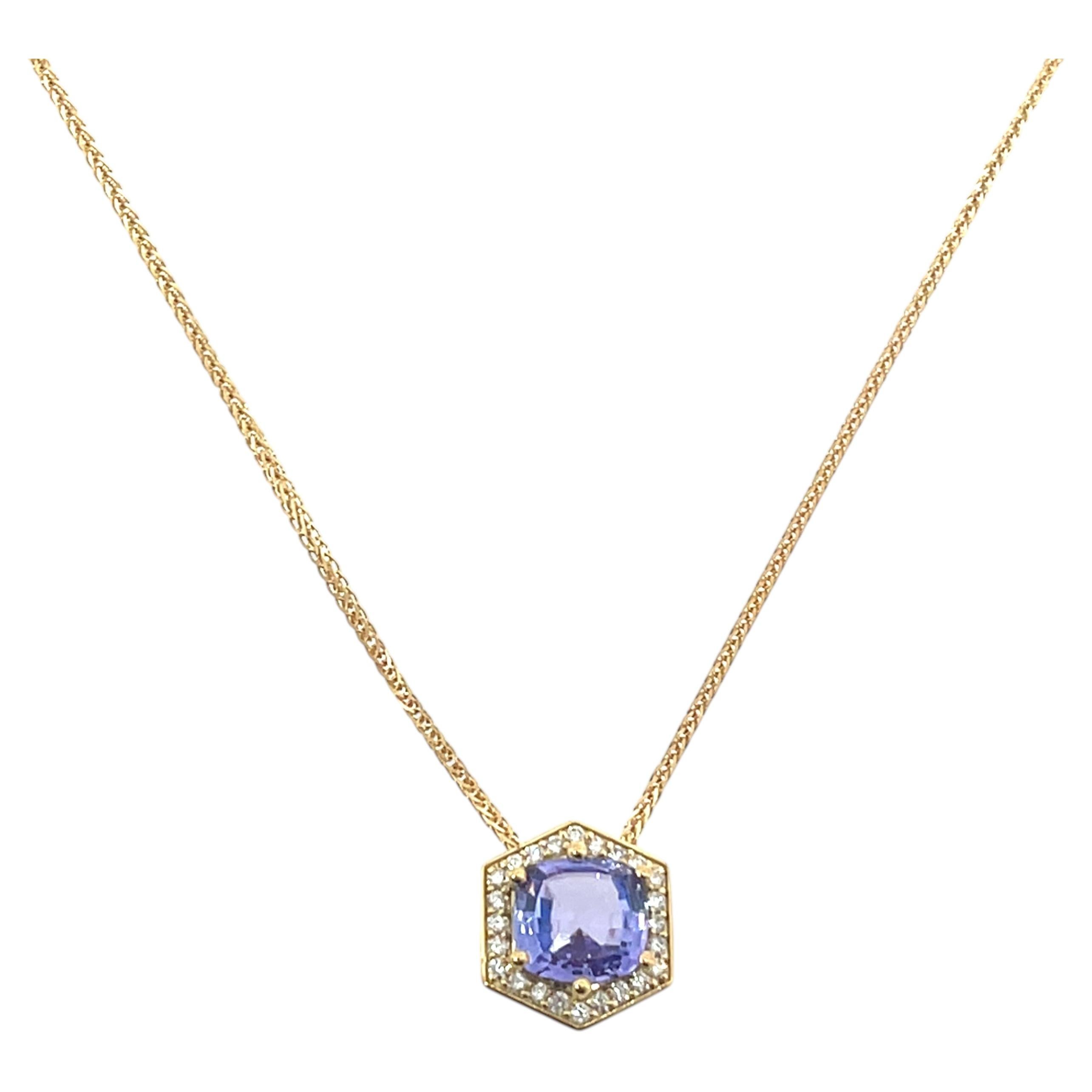 2.19ct Tanzanite & Diamond Pendant – 18ct Yellow Gold Halo Design For Sale