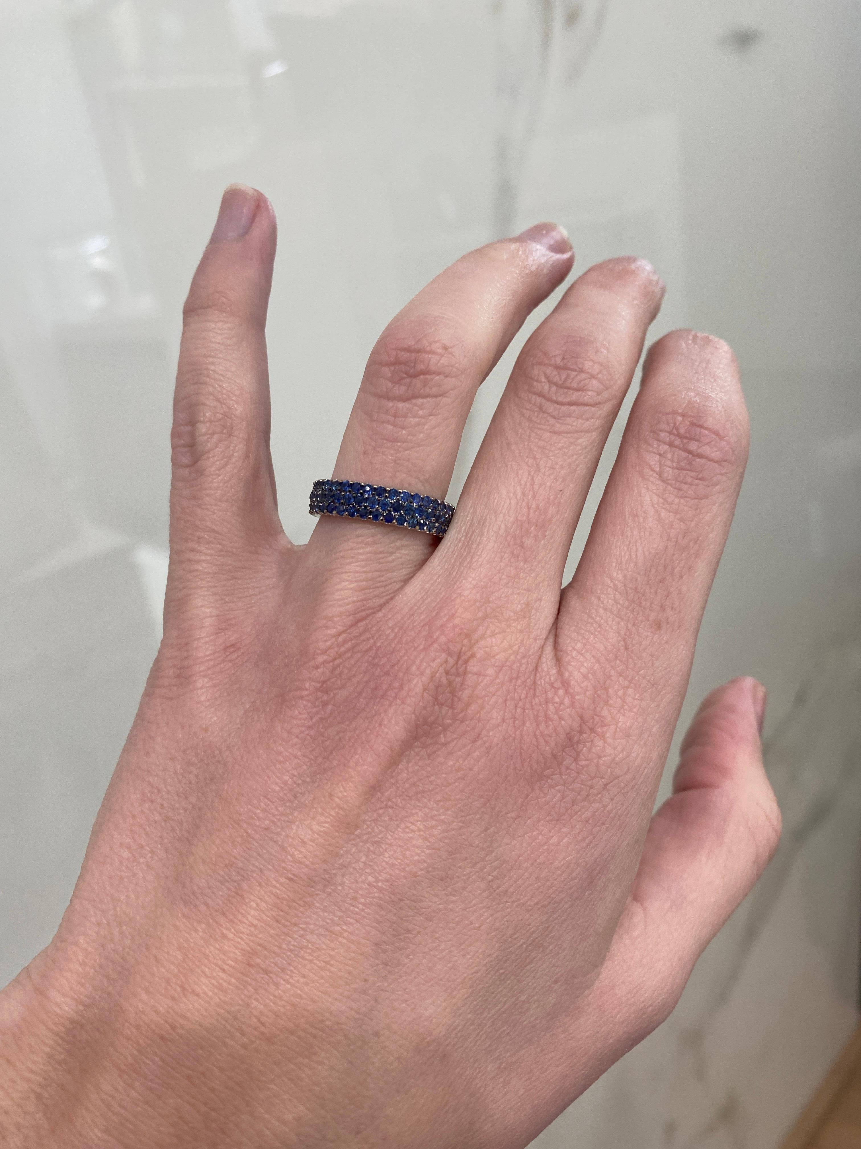 2.19ctw Natural Blue Sapphires 3 Row 14 Karat White Gold Eternity Band In New Condition For Sale In Houston, TX