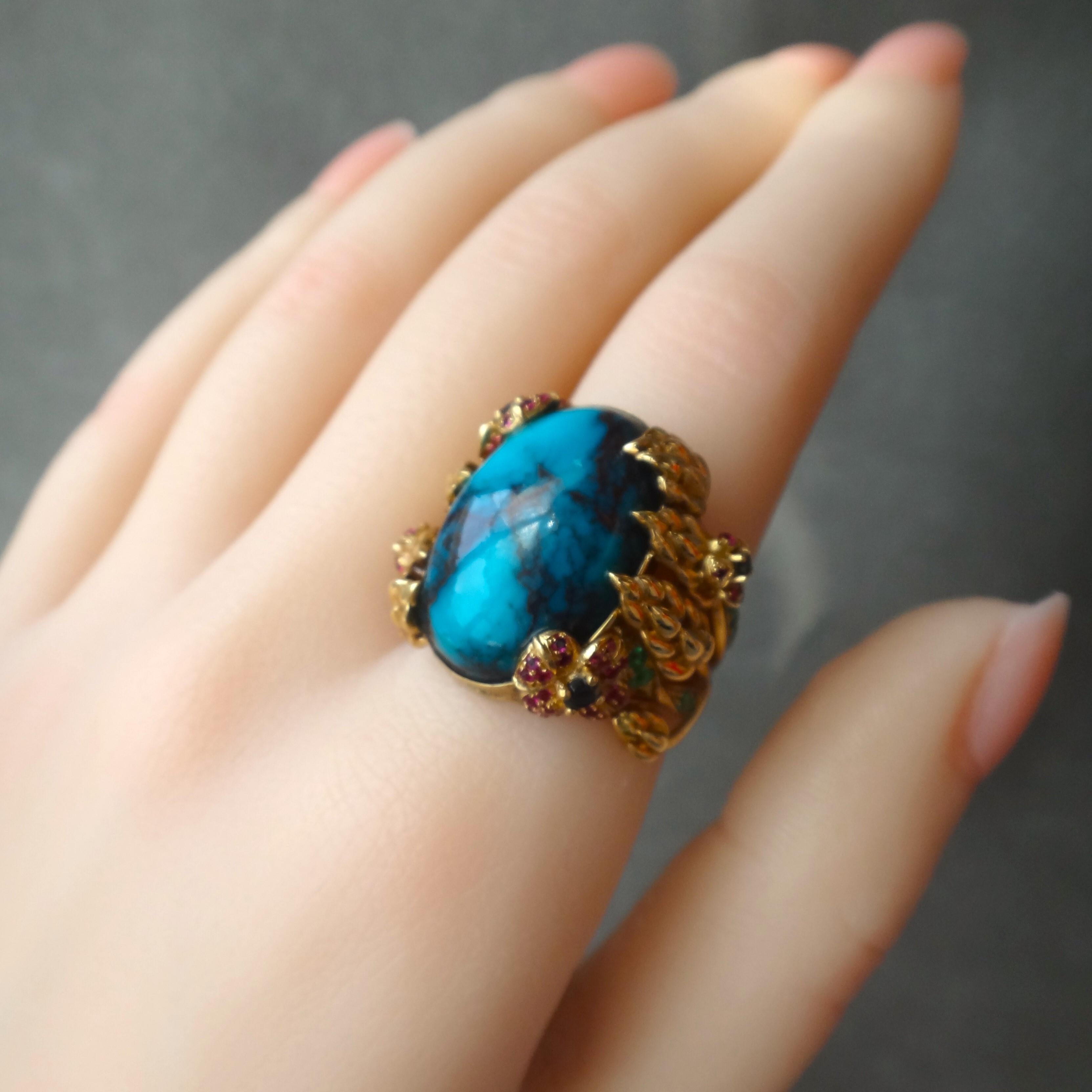 Artist 21Carat Natural Bisbee Turquoise 18K Gold Ruby and Tsavorite Cocktail Ring For Sale