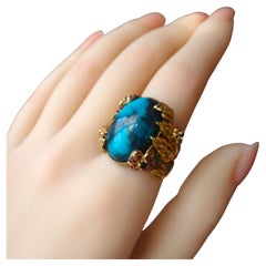 21Carat Natural Bisbee Turquoise 18K Gold Ruby and Tsavorite Cocktail Ring