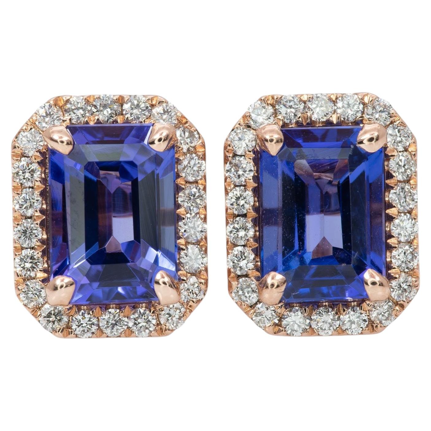 2.1Ct AAA Tanzanite Stud Earrings & Natural Diamond Accents: Solid 14K Gold For Sale