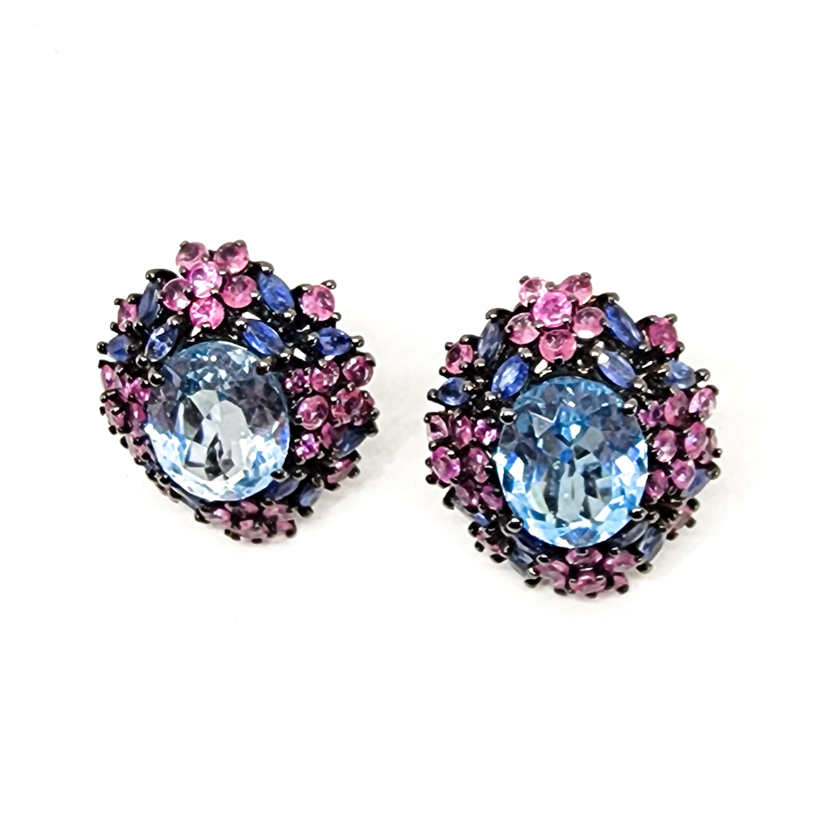 21ct Candy Color Blue Topaz Pink Sapphire Purple Tanzanite Cluster Earrings 925 4
