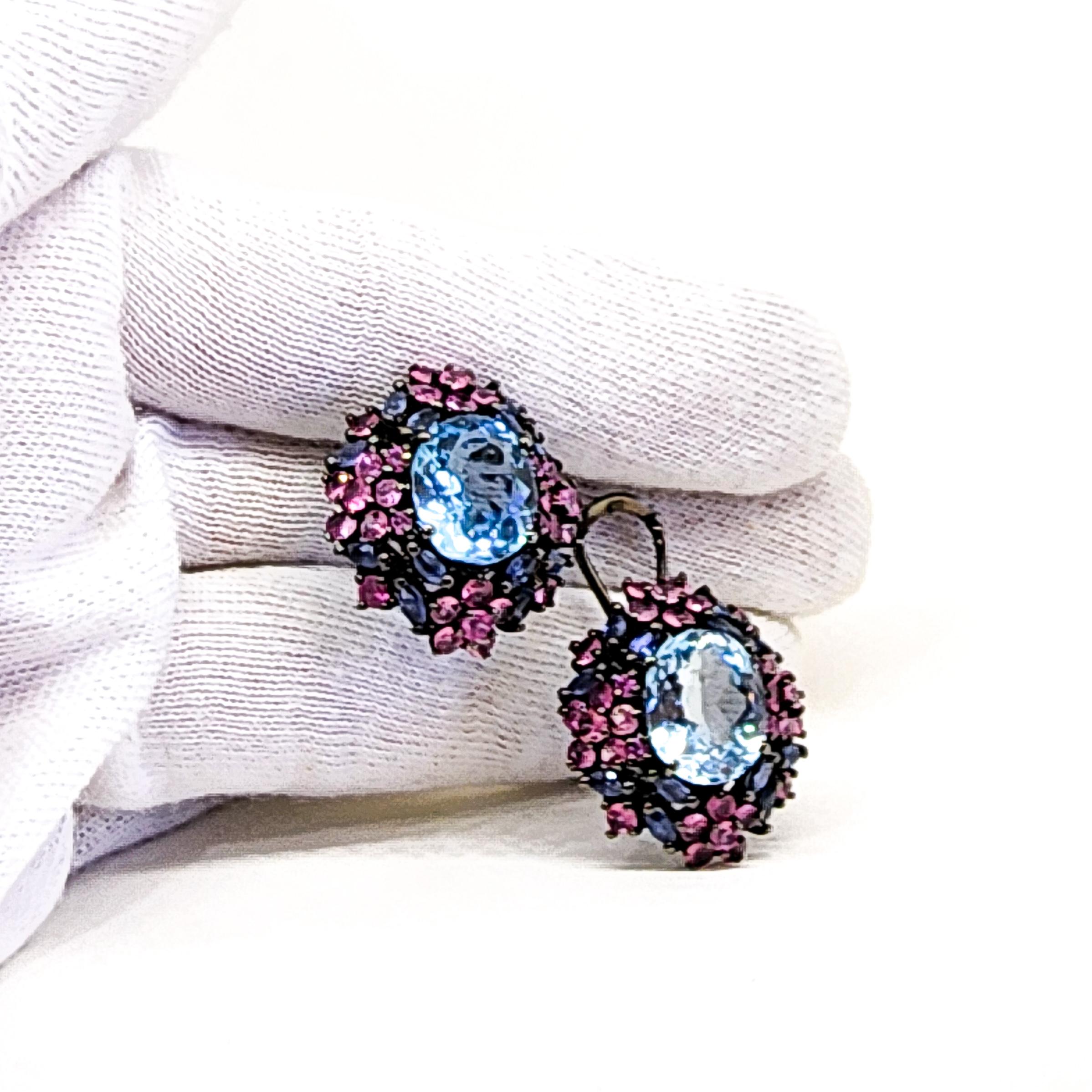 21ct Candy Color Blue Topaz Pink Sapphire Purple Tanzanite Cluster Earrings 925 5