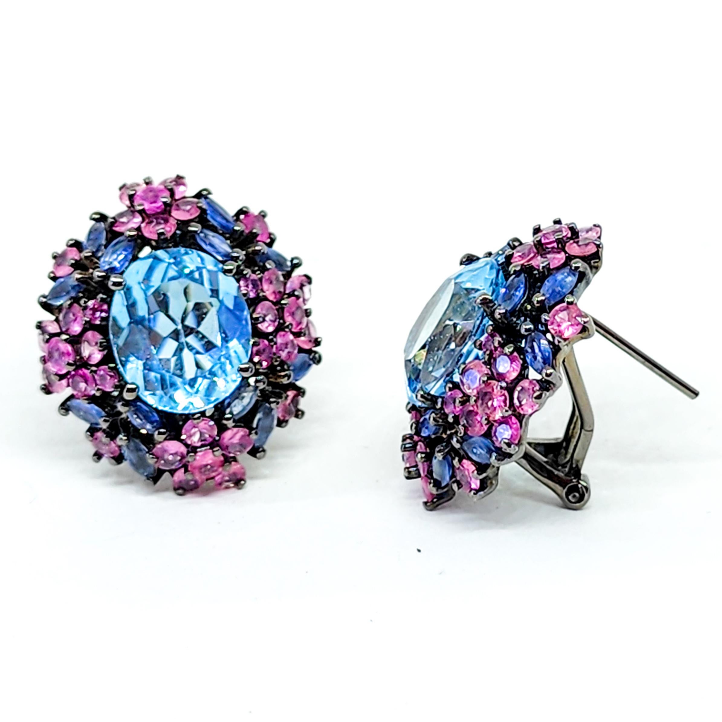 21ct Candy Color Blue Topaz Pink Sapphire Purple Tanzanite Cluster Earrings 925 6