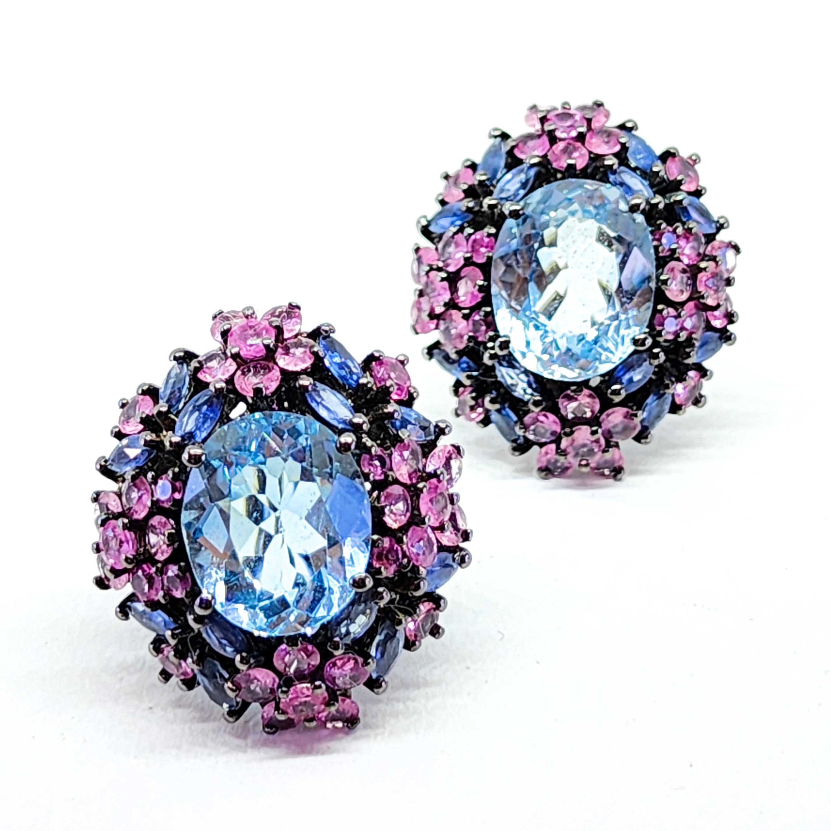 21ct Candy Color Blue Topaz Pink Sapphire Purple Tanzanite Cluster Earrings 925 7
